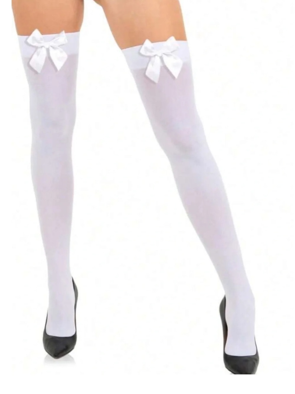 White Thigh-High Stockings with Satin Bow - Women Intimates & Sleepwear